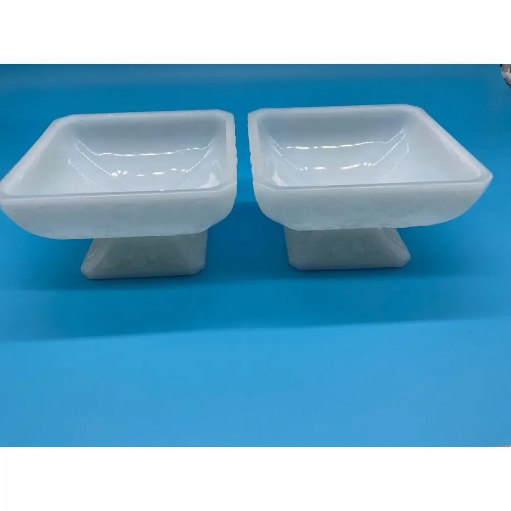 Set of 2 Footed Milk Glass Bowls Vintage Square Shape Decorative Embossed Design